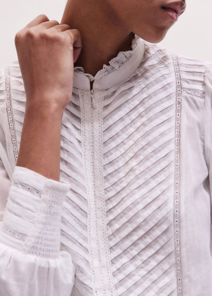 White Delicate Pintucked High-Neck Top | ME+EM Clothing