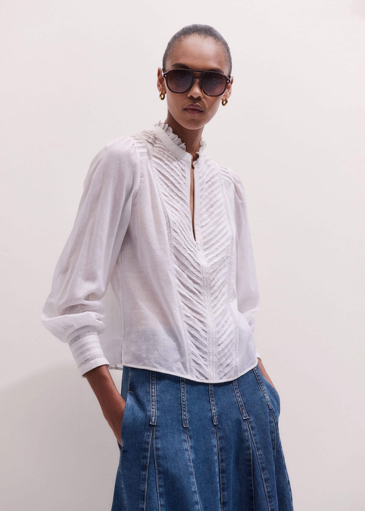 White Delicate Pintucked High-Neck Top | ME+EM Clothing