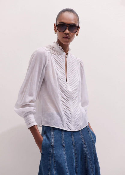 White Delicate Pintucked High-Neck Top | ME+EM Clothing