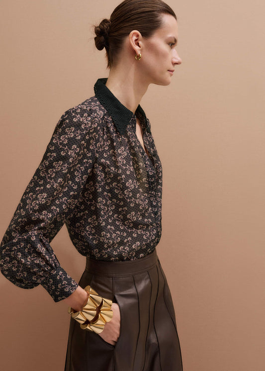 Black Scallop Daisy Print Feature Collar Blouse | ME+EM Clothing