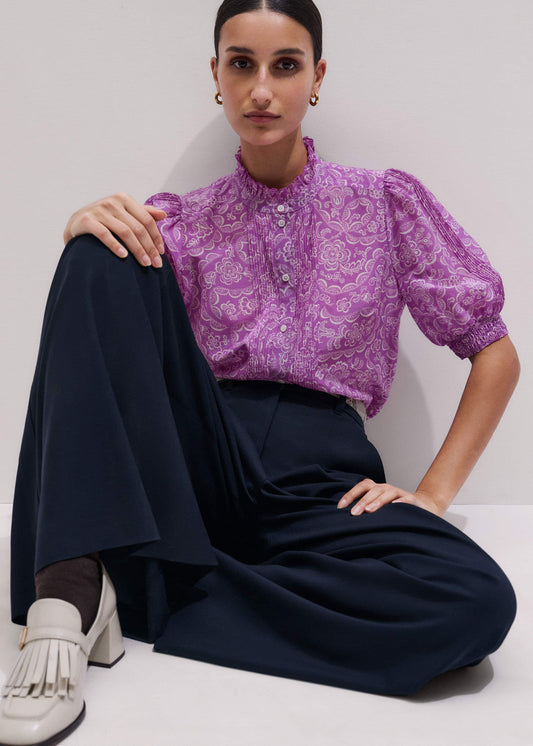 Purple Silk Cotton Entangled Lace Print Straight Blouse | ME+EM Clothing