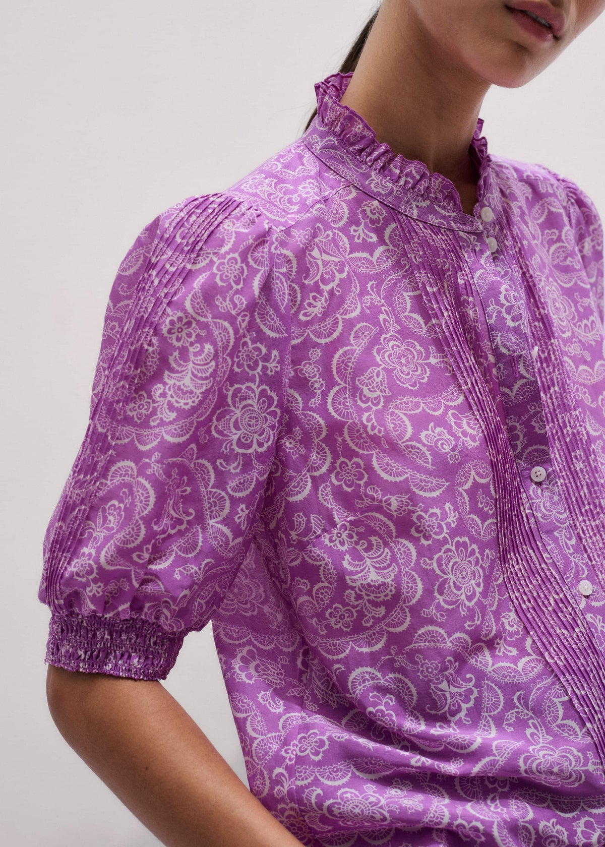 Purple Silk Cotton Entangled Lace Print Straight Blouse | ME+EM Clothing