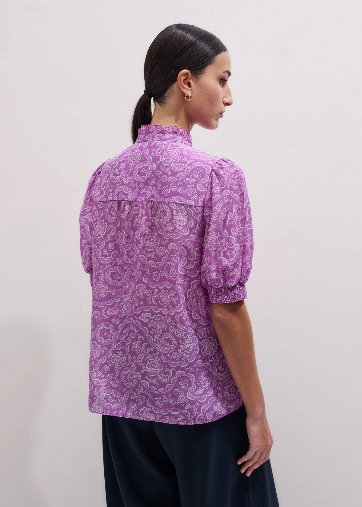 Purple Silk Cotton Entangled Lace Print Straight Blouse | ME+EM Clothing