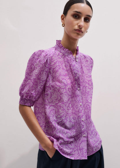 Purple Silk Cotton Entangled Lace Print Straight Blouse | ME+EM Clothing