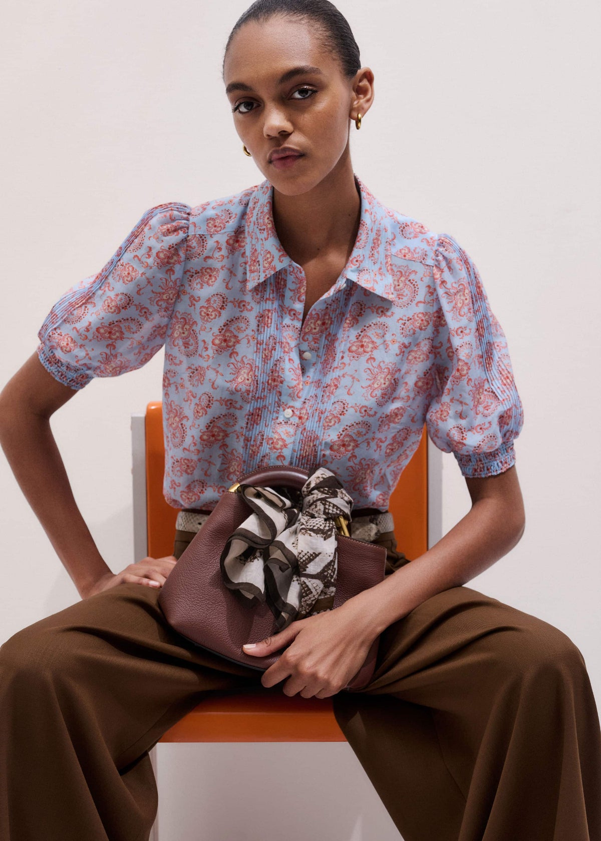 Blue Silk Cotton Gilded Paisley Print Straight Blouse | ME+EM Clothing