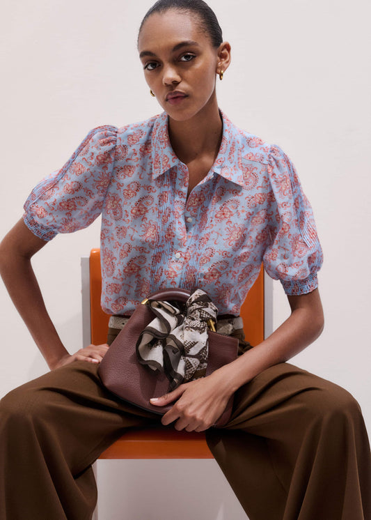 Blue Silk Cotton Gilded Paisley Print Straight Blouse | ME+EM Clothing