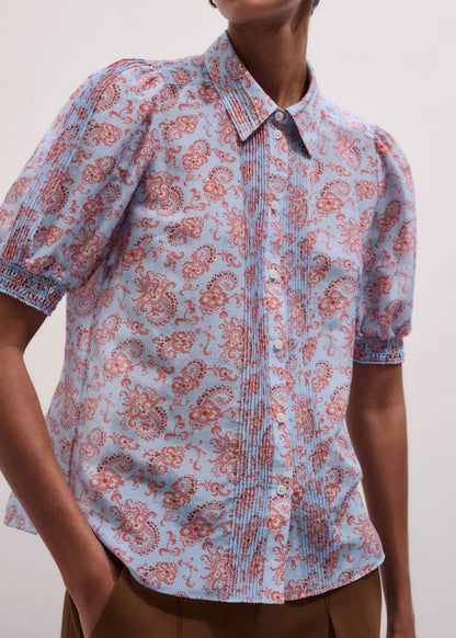 Blue Silk Cotton Gilded Paisley Print Straight Blouse | ME+EM Clothing