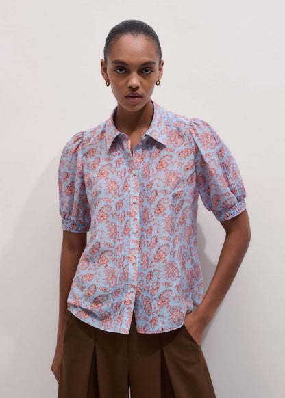 Blue Silk Cotton Gilded Paisley Print Straight Blouse | ME+EM Clothing