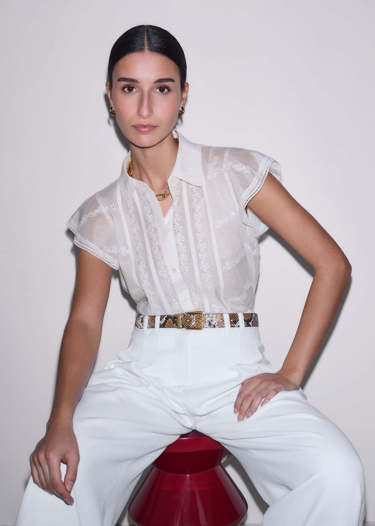 Cream Silk Cotton Embroidery Collar Swing Blouse | ME+EM Clothing