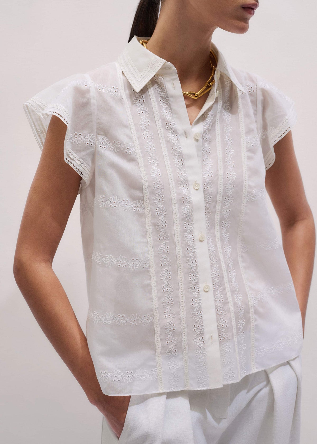 Cream Silk Cotton Embroidery Collar Swing Blouse | ME+EM Clothing