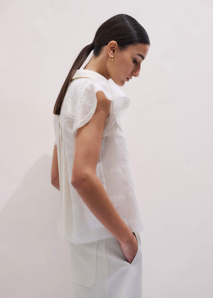 Cream Silk Cotton Embroidery Collar Swing Blouse | ME+EM Clothing