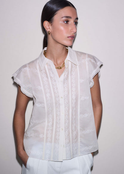 Cream Silk Cotton Embroidery Collar Swing Blouse | ME+EM Clothing