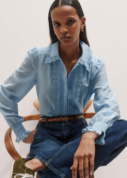 Blue Silk Cotton Lace Trim Straight Blouse | ME+EM Clothing