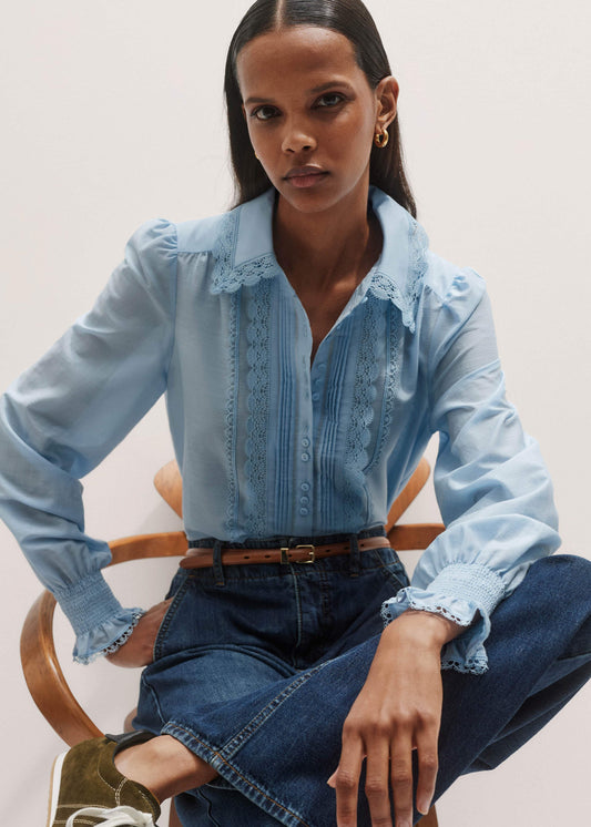 Blue Silk Cotton Lace Trim Straight Blouse | ME+EM Clothing