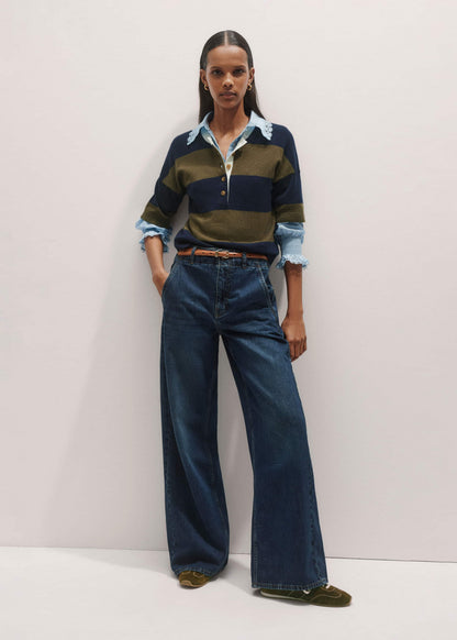 Blue Silk Cotton Lace Trim Straight Blouse | ME+EM Clothing