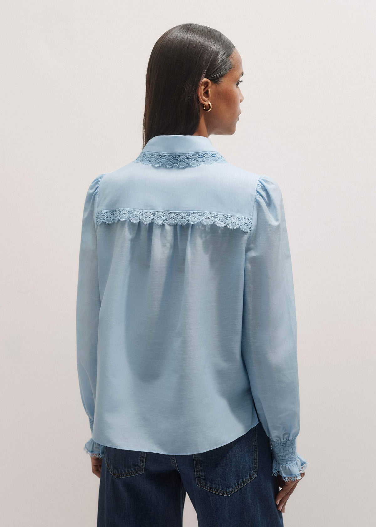 Blue Silk Cotton Lace Trim Straight Blouse | ME+EM Clothing