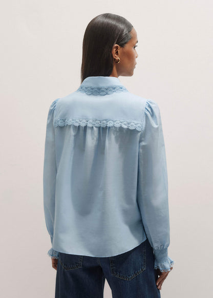 Blue Silk Cotton Lace Trim Straight Blouse | ME+EM Clothing