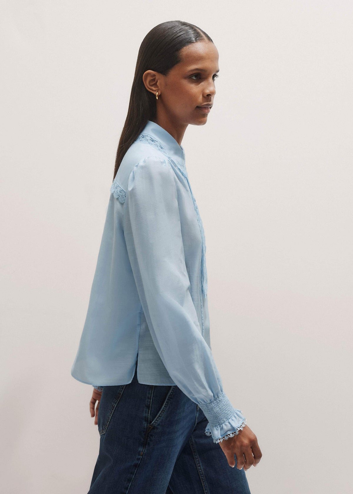 Blue Silk Cotton Lace Trim Straight Blouse | ME+EM Clothing