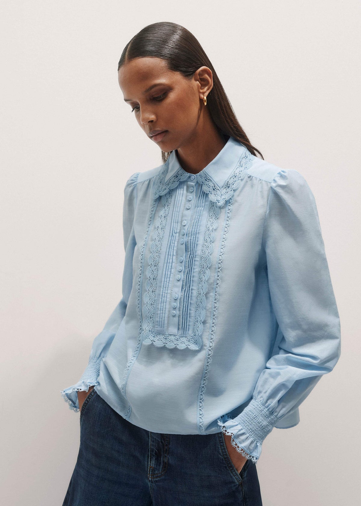 Blue Silk Cotton Lace Trim Straight Blouse | ME+EM Clothing