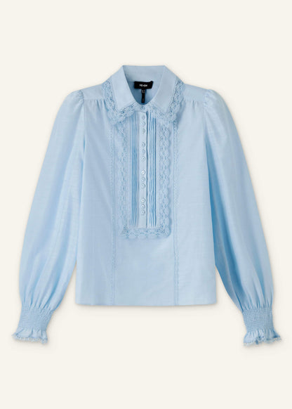 Blue Silk Cotton Lace Trim Straight Blouse | ME+EM Clothing