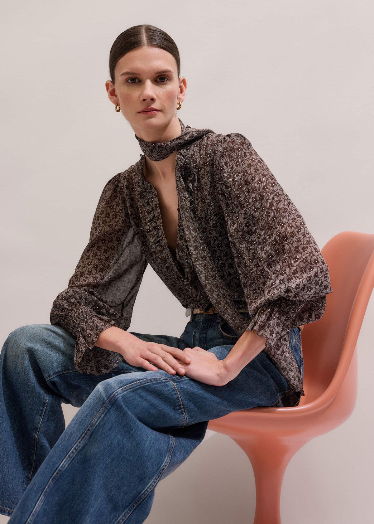 Brown Silk Lace Print Straight In-The-Details Blouse | ME+EM Clothing