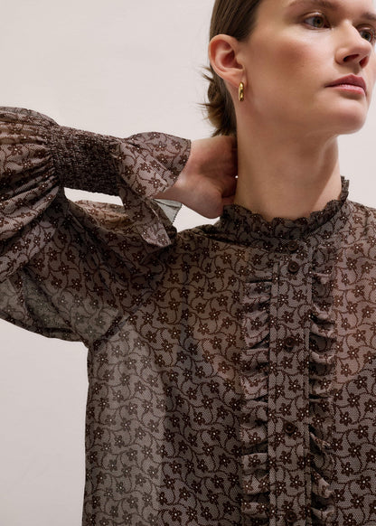 Brown Silk Lace Print Straight In-The-Details Blouse | ME+EM Clothing