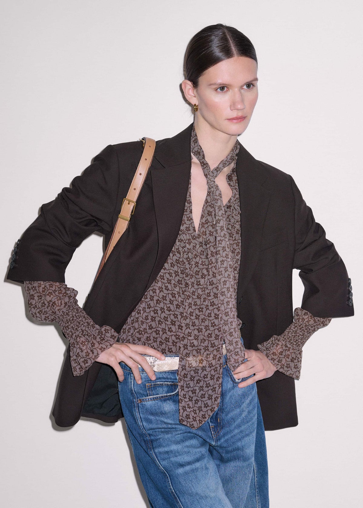 Brown Silk Lace Print Straight In-The-Details Blouse | ME+EM Clothing