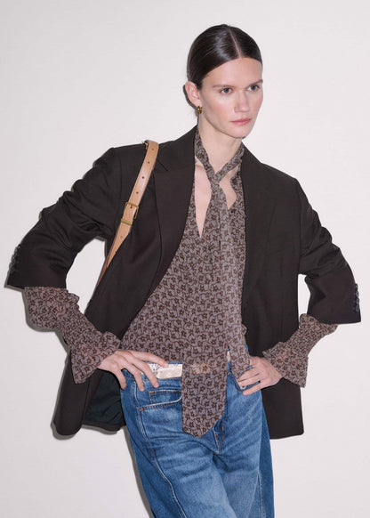 Brown Silk Lace Print Straight In-The-Details Blouse | ME+EM Clothing