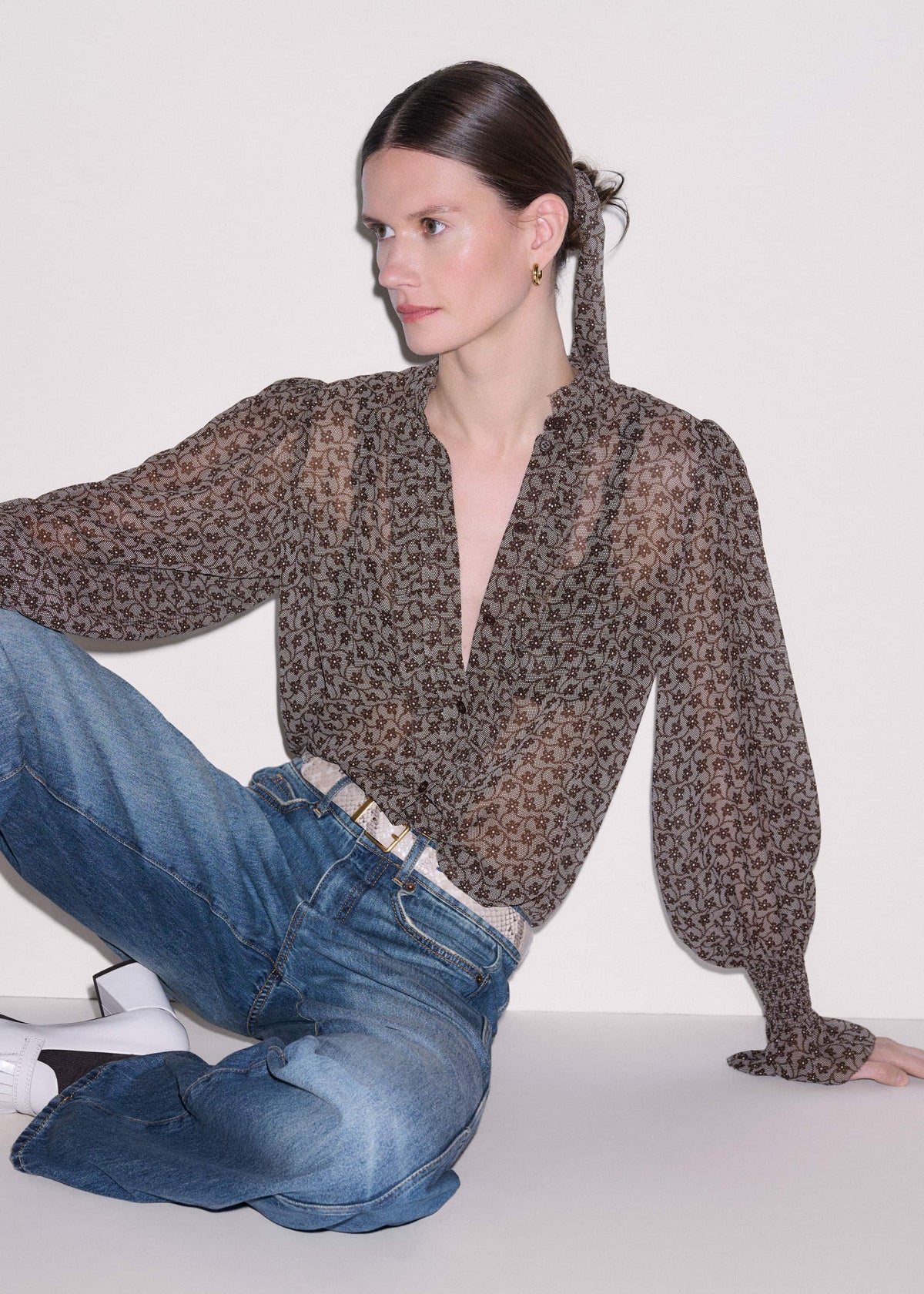 Brown Silk Lace Print Straight In-The-Details Blouse | ME+EM Clothing