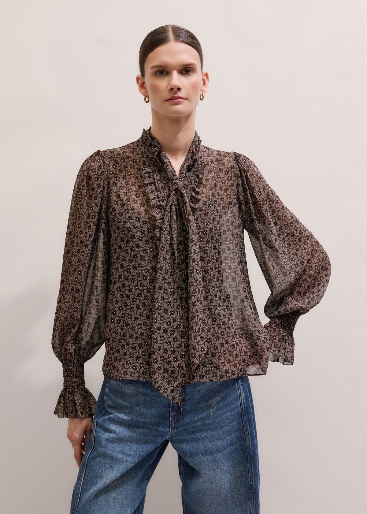 Brown Silk Lace Print Straight In-The-Details Blouse | ME+EM Clothing
