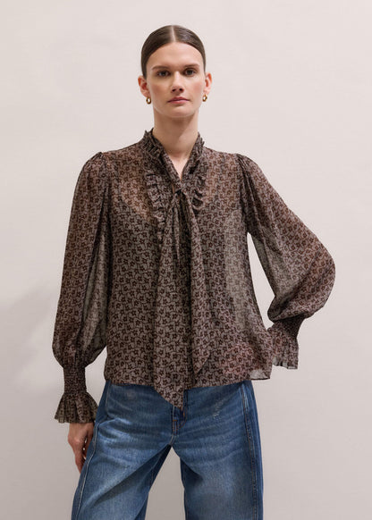 Brown Silk Lace Print Straight In-The-Details Blouse | ME+EM Clothing