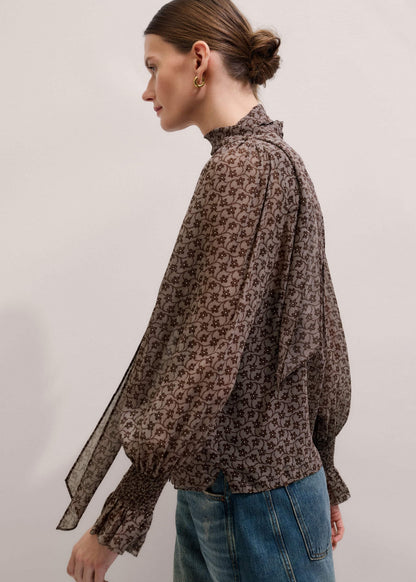 Brown Silk Lace Print Straight In-The-Details Blouse | ME+EM Clothing