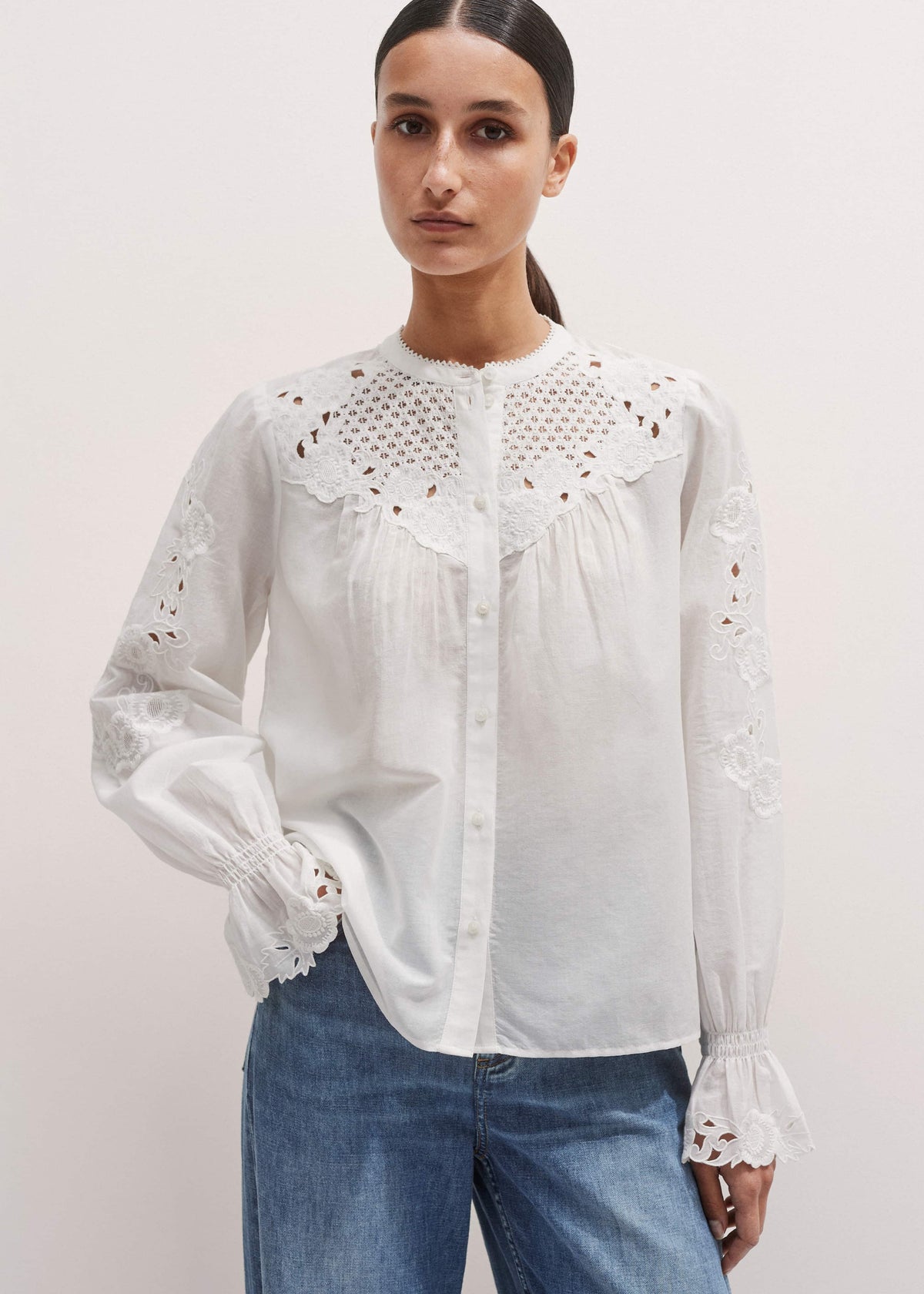 White Floral Embroidery Blouse | ME+EM Clothing