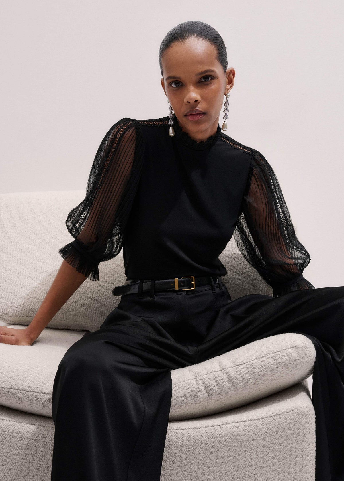 Black Lace Insert Tulle Layering Blouse | ME+EM Clothing