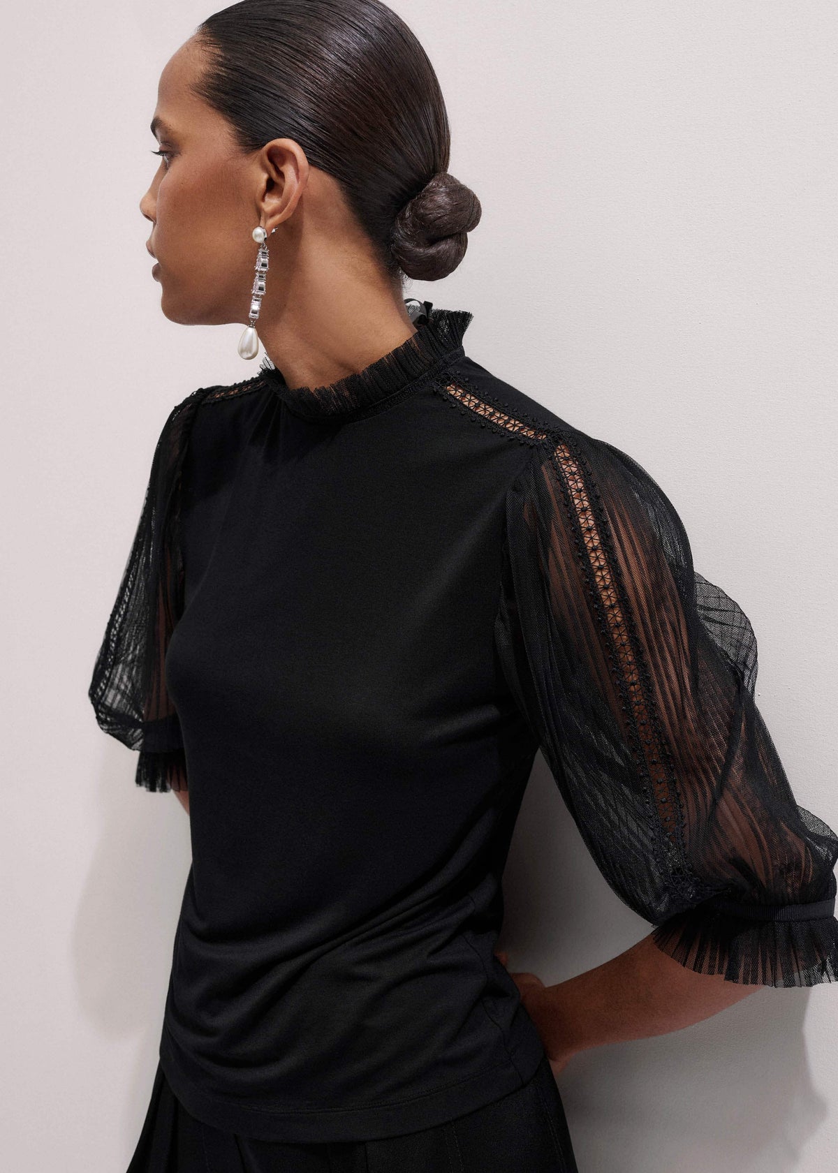 Black Lace Insert Tulle Layering Blouse | ME+EM Clothing