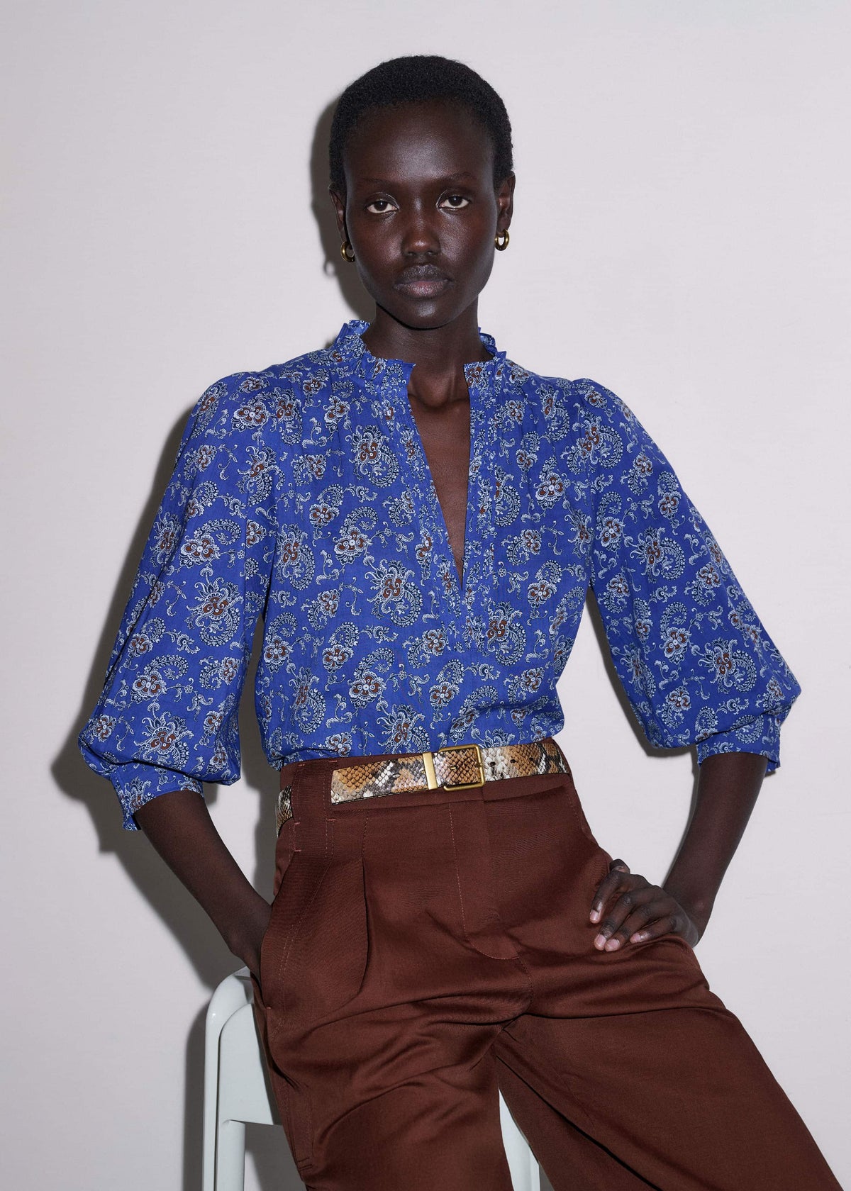 Blue Paisley Print Straight Blouse | ME+EM Clothing