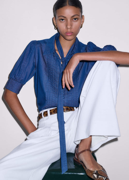 Blue Chambray Pintucked Short Sleeve Blouse + Tie | ME+EM Clothing