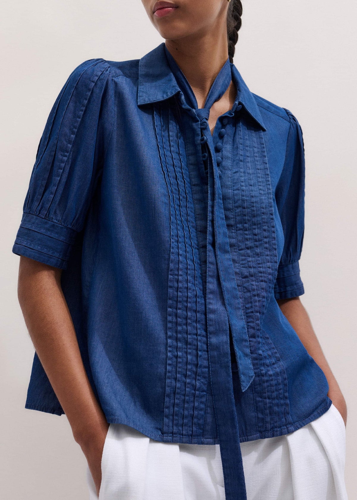 Blue Chambray Pintucked Short Sleeve Blouse + Tie | ME+EM Clothing