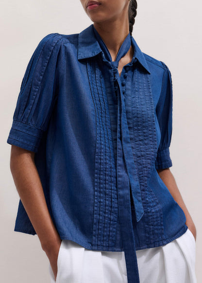 Blue Chambray Pintucked Short Sleeve Blouse + Tie | ME+EM Clothing