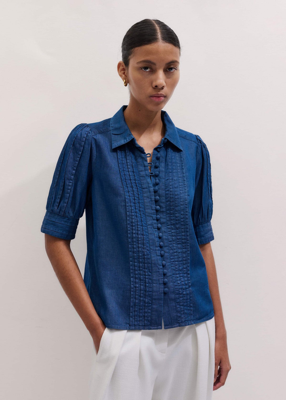 Blue Chambray Pintucked Short Sleeve Blouse + Tie | ME+EM Clothing