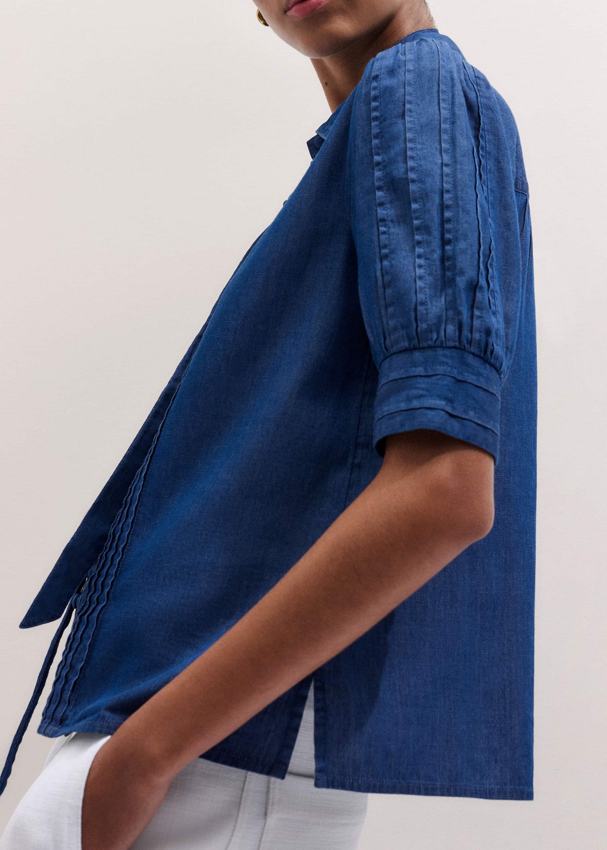 Blue Chambray Pintucked Short Sleeve Blouse + Tie | ME+EM Clothing