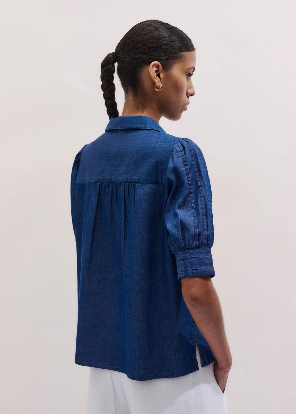Blue Chambray Pintucked Short Sleeve Blouse + Tie | ME+EM Clothing
