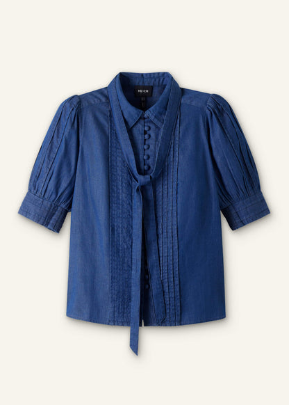 Blue Chambray Pintucked Short Sleeve Blouse + Tie | ME+EM Clothing