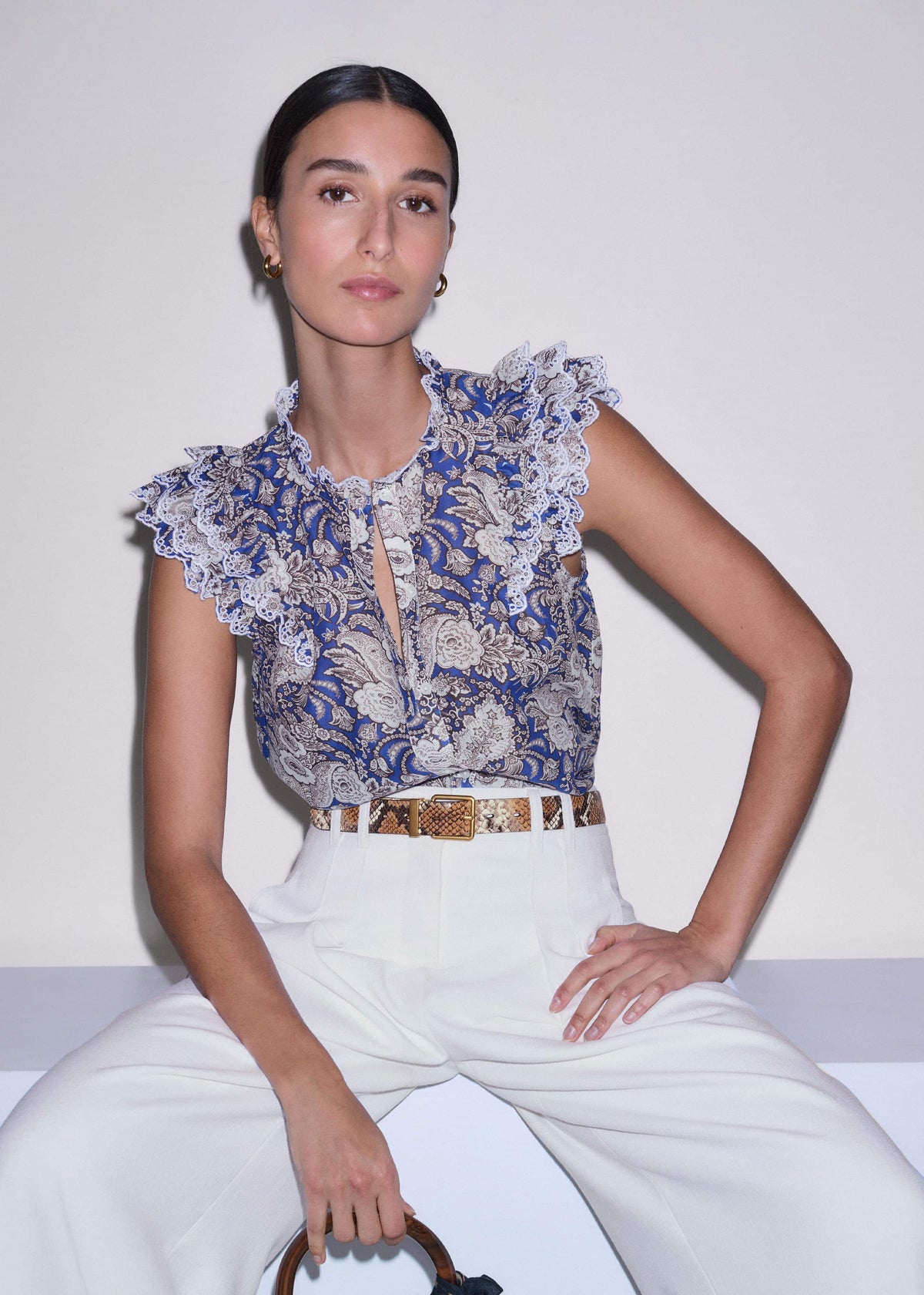 Blue Elaborate Botanical Print Ruffle Straight Blouse | ME+EM Clothing