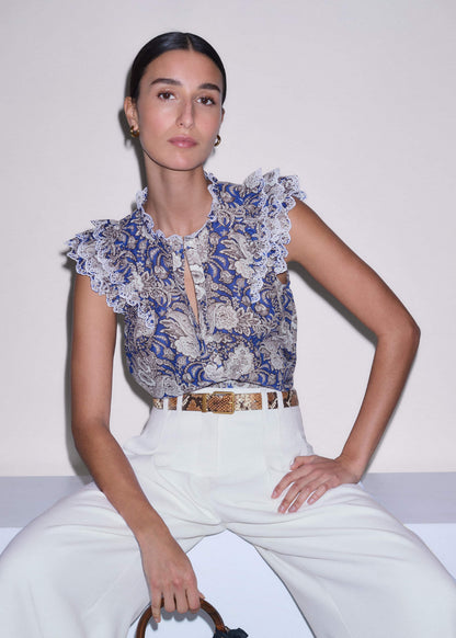 Blue Elaborate Botanical Print Ruffle Straight Blouse | ME+EM Clothing