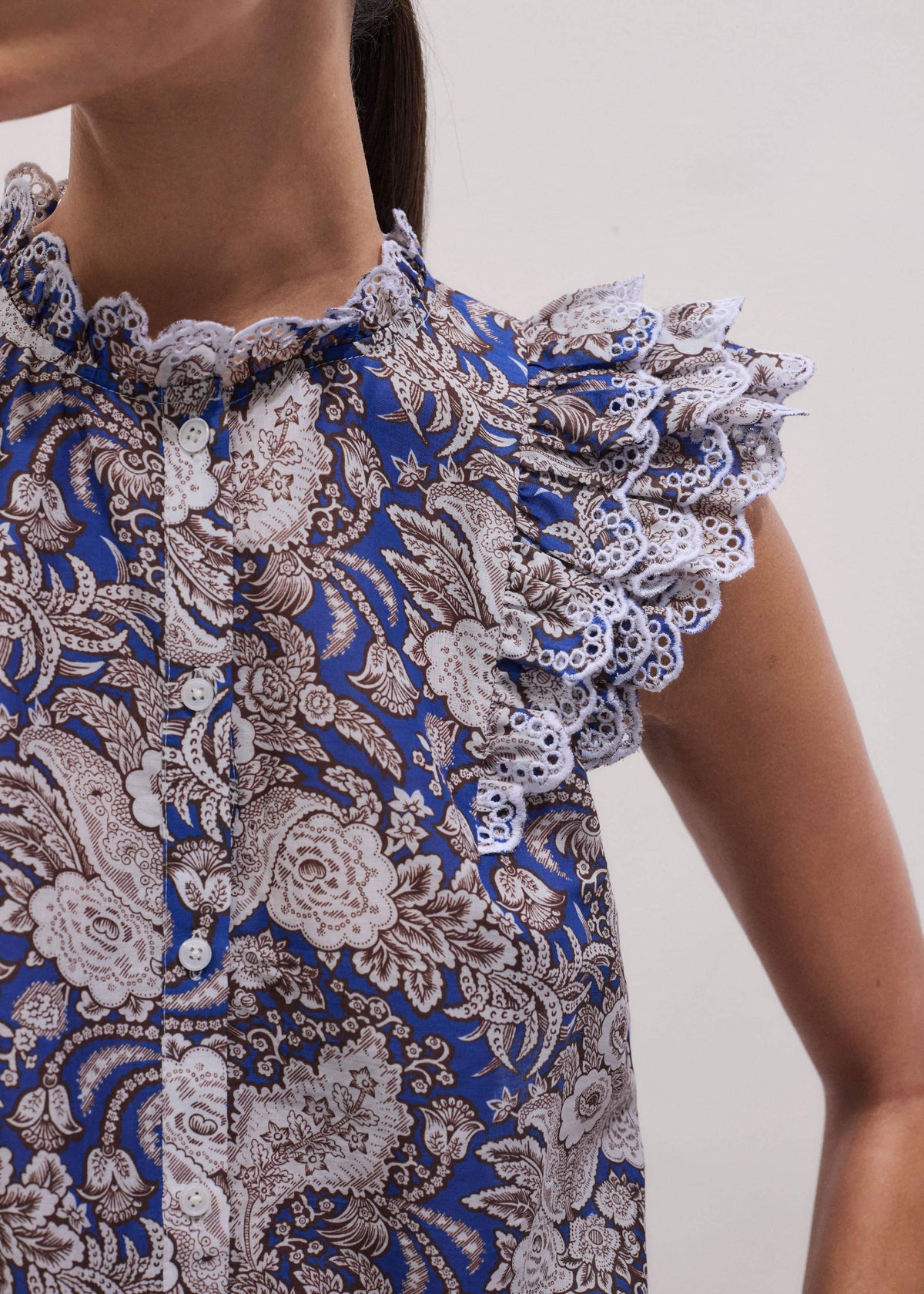 Blue Elaborate Botanical Print Ruffle Straight Blouse | ME+EM Clothing