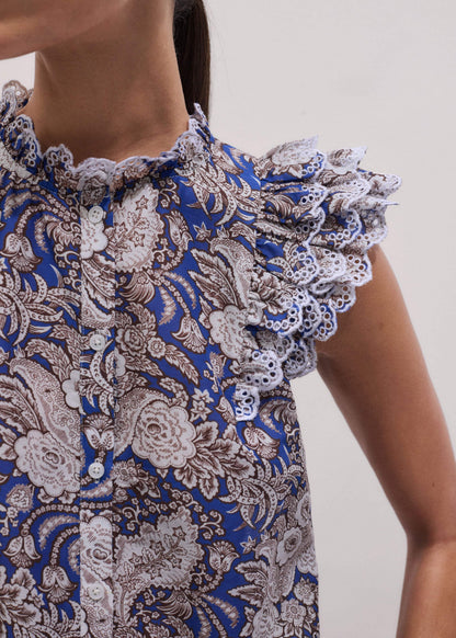 Blue Elaborate Botanical Print Ruffle Straight Blouse | ME+EM Clothing