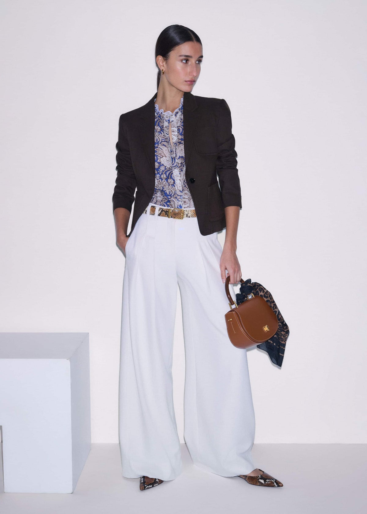 Blue Elaborate Botanical Print Ruffle Straight Blouse | ME+EM Clothing