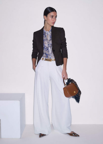 Blue Elaborate Botanical Print Ruffle Straight Blouse | ME+EM Clothing