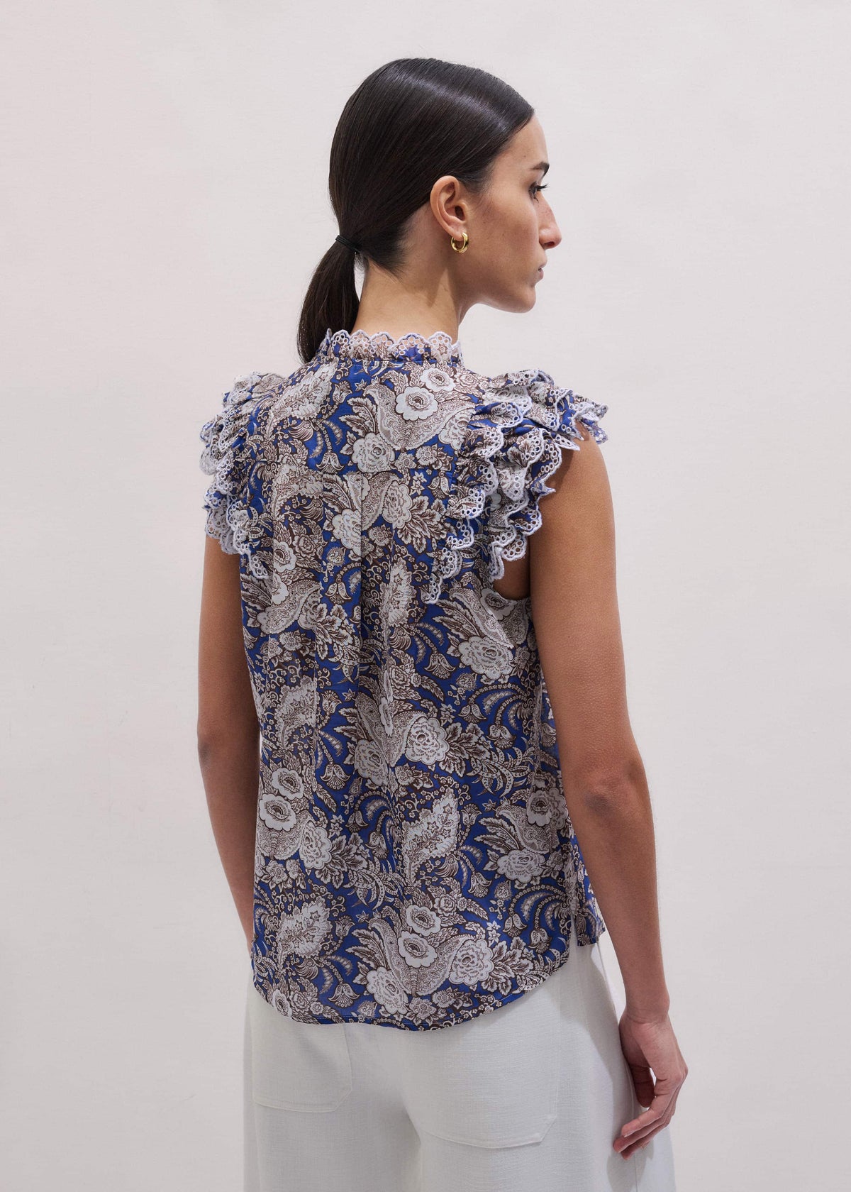 Blue Elaborate Botanical Print Ruffle Straight Blouse | ME+EM Clothing